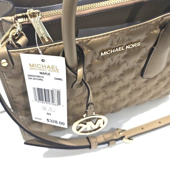 NWT ✅  Michael Kors MAPLE Small MK Embossed Leather Satchel CAMEL (Taupe) ✨NWT - Picture 8 of 14